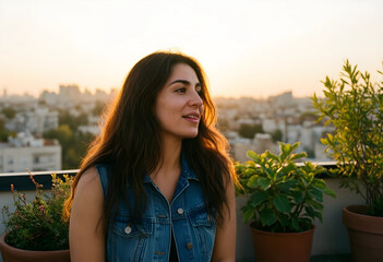Obraz premium Mindfulness and mental health, young woman relaxing on urban rooftop at sunset with city skyline background and natural golden hour light