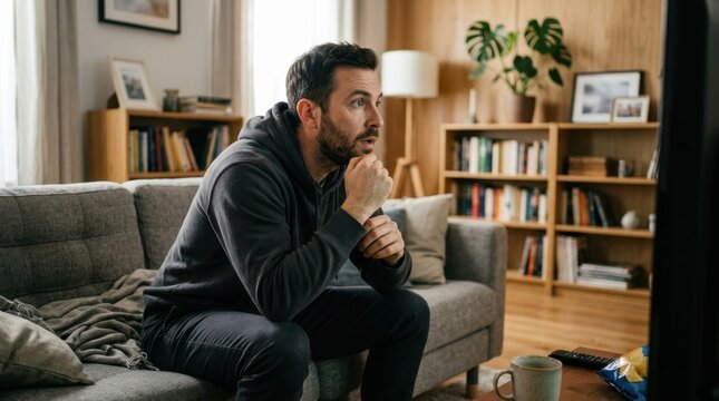 Focused man watching a sports game on television in his living room. Intense basketball fan leaning forward on the sofa with snacks on the table. Home entertainment and leisure