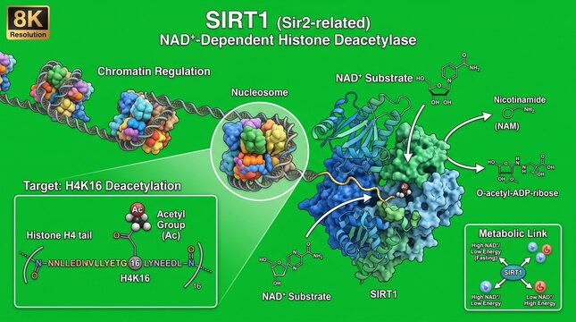 SIRT1 Enzyme Mechanism and NAD Dependent Histone Deacetylase Molecular Structure Diagram