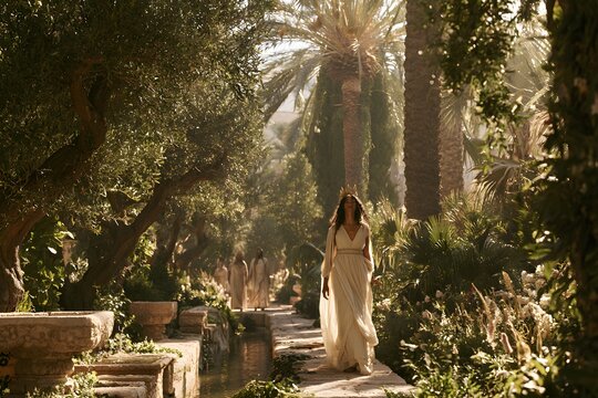 Regal woman in a white gown walking through a lush sunlit garden with palm trees