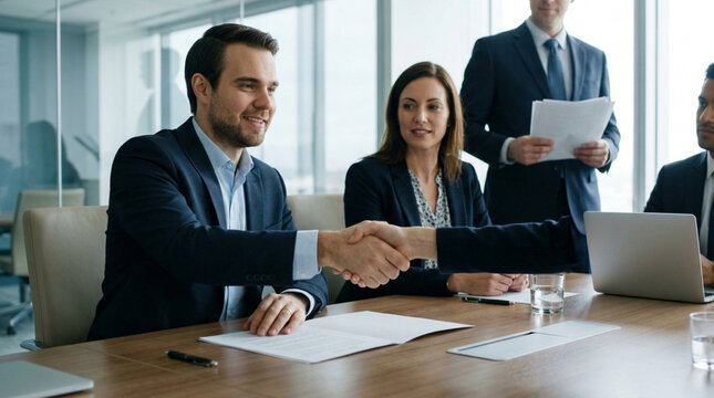 Business handshake, agreement, partnership, professionals in meeting, office environment