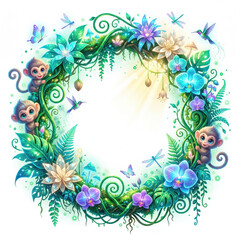 Fototapeta premium Magical circular jungle frame with cute monkeys glowing flowers and hummingbirds isolated on white background