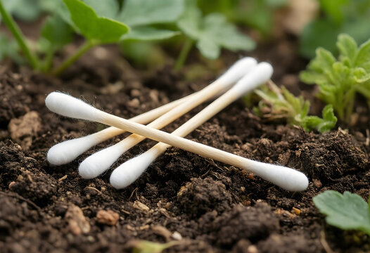 Plastic pollution and environmental waste, cotton swabs discarded on soil ecological damage and microplastic contamination in nature