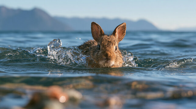 Marsh rabbit or Oryctolagus cuniculus swim across open blue water lake