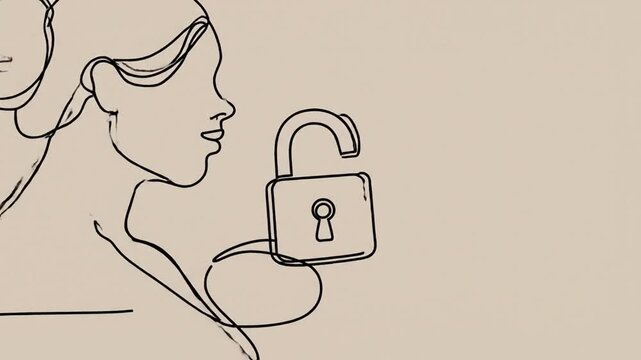 Minimalist continuous line drawing of woman's profile on beige background