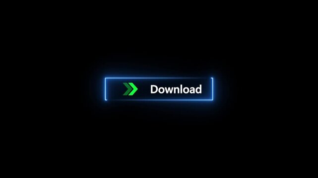A dark black background with a glowing neon blue rectangular frame containing a download button with the word Download in white text and a green arrow on the left side. Keywords: download, button