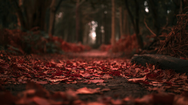 Autumn forest pathway covered with red leaves under moody natural light