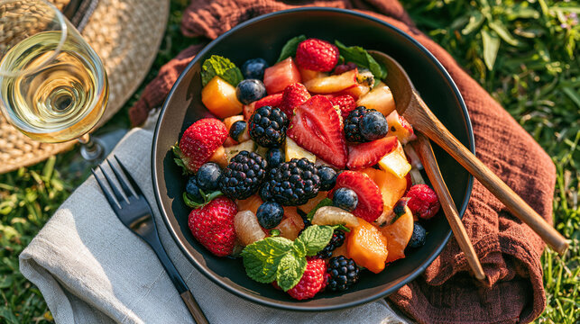 Fresh fruit salad in bowl with glass of wine on picnic grass setting