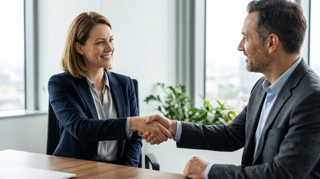Business handshake, successful deal, two colleagues in office meeting