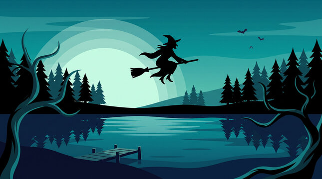 A silhouetted witch flies on a broomstick over a dark forest lake under a full moon sorceress flight silhouette night