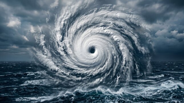 A massive swirling hurricane forms a terrifying disaster scene over a dark, turbulent ocean with churning waves and ominous storm clouds filling the sky, underscoring the cyclone