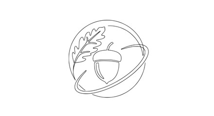 Single line drawing of an acorn and oak leaf inside a circle, isolated © Papa