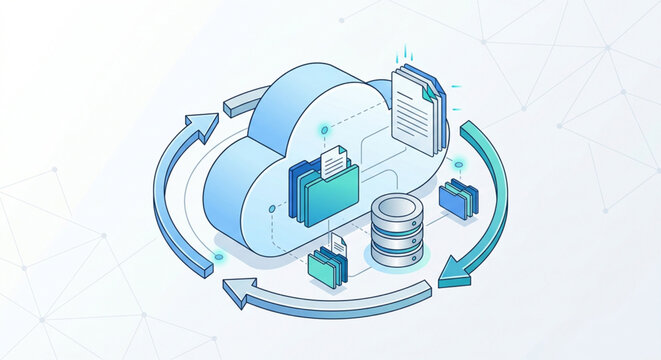 Isometric cloud computing data synchronization vector, digital storage backup and file transfer process, network database hosting infrastructure