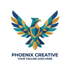 Fototapeta premium This striking logo showcases a phoenix, symbolizing rebirth and creativity, designed in bold colors, suitable for branding in various creative industries and businesses.