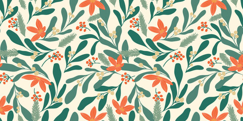 Naklejka premium Christmas botanical seamless pattern with poinsettia, mistletoe, holly, and pine. Hand drawn winter illustration