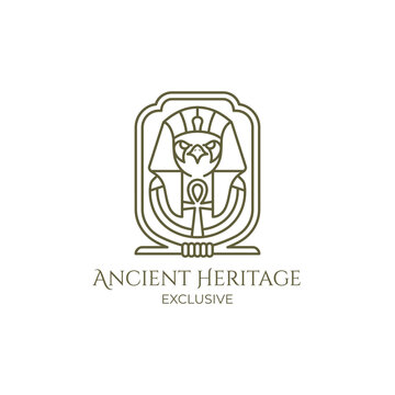 This sophisticated logo presents an ancient Egyptian theme with a stylized falcon and ankh, evoking history, culture, and tradition for heritage-focused brands and services.