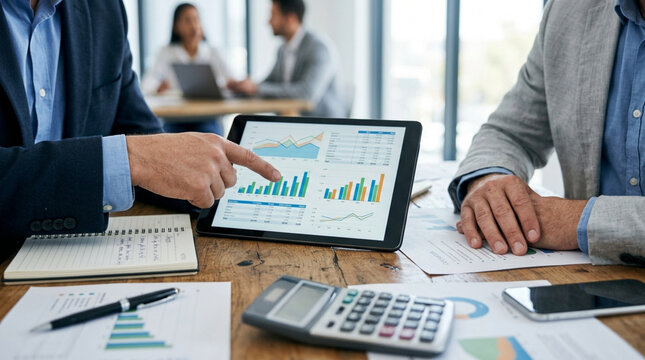 Business meeting analysis on tablet, teamwork, finance data, charts and graphs on screen.