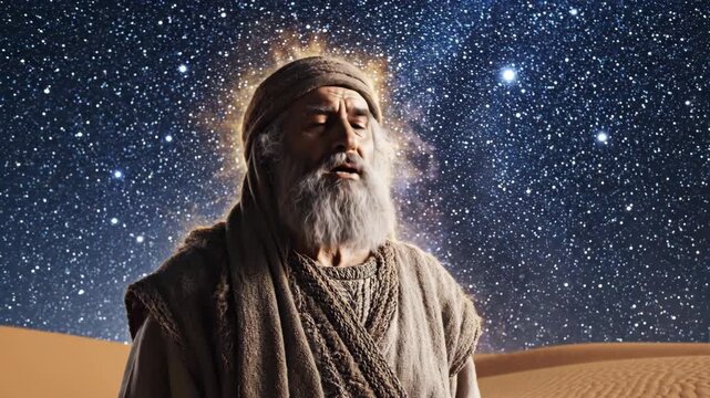 Abraham looking at the stars in the desert night. Biblical patriarch receiving God's promise. Ancient nomadic man in prayer outside a tent