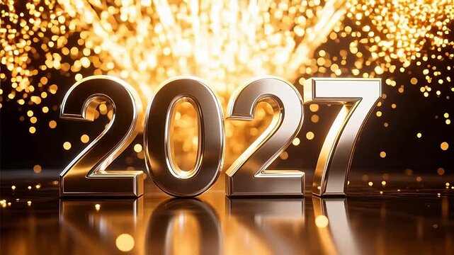 Golden 2027 New Year 3D numbers, festive holiday background with glowing bokeh lights, luxury metallic 2027 celebration text