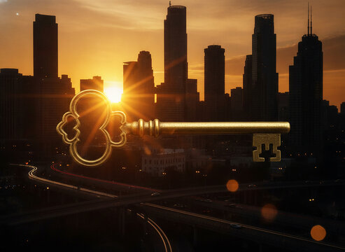 Golden skull key against orange urban skyline horizon. Business solution concept with old openers and cityscape. Corporate security metaphor over highway traffic and skyscrapers silhouettes