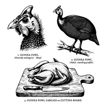 Guinea Fowl Head and Roasted Bird on Cutting Board Vintage Engraving Vector Illustration