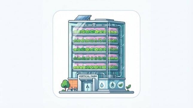 Modern vertical farm building with greenhouse levels and solar panels