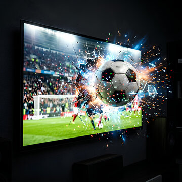 Soccer ball exploding through TV screen dynamic sports action 3D effect