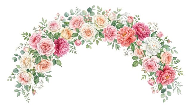 Watercolor floral arch with roses isolated on white