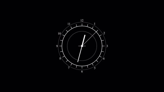 Minimalist white digital clock face with rotating hands on alpha chanel for sleek time passage motion graphics 4K animation