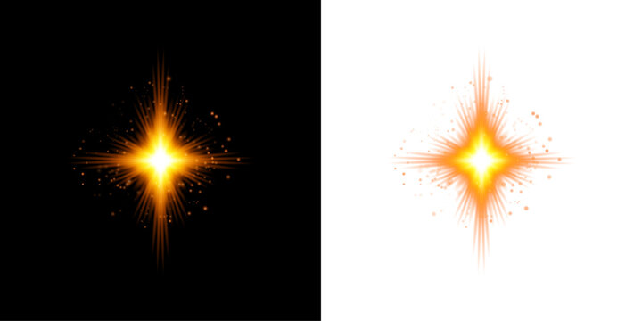 Bright glowing four pointed star light effect isolated on transparent background