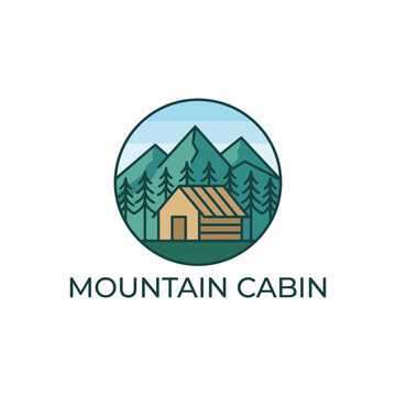 This logo showcases a cozy cabin set against majestic mountains, signifying a retreat into nature, appealing to outdoor enthusiasts, and promoting eco-friendly tourism.