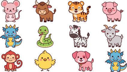 Naklejka premium Cute Kawaii Cartoon Animals and Chinese Zodiac Vector Mascot Set for Kids Astrology, Children Birthday Parties, and Educational Graphic Designs