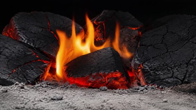 Close-up of Glowing Hot Charcoal and Flames Burning in a Fireplace