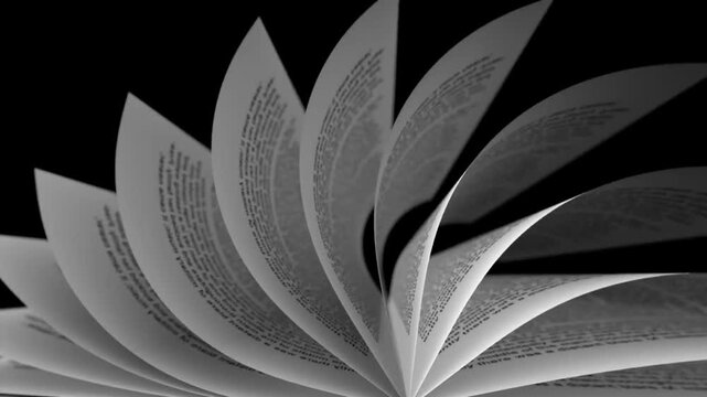 Monochrome book pages flipping, isolated black background. print, education visuals. notebook turned one by one. Reading books in library. Knowledge literature. archive. paper. Education Study student