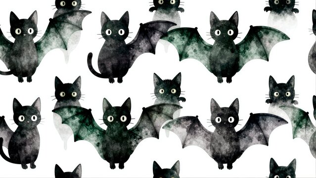 Cute black cats with bat wings, whimsical Halloween pattern on white background.