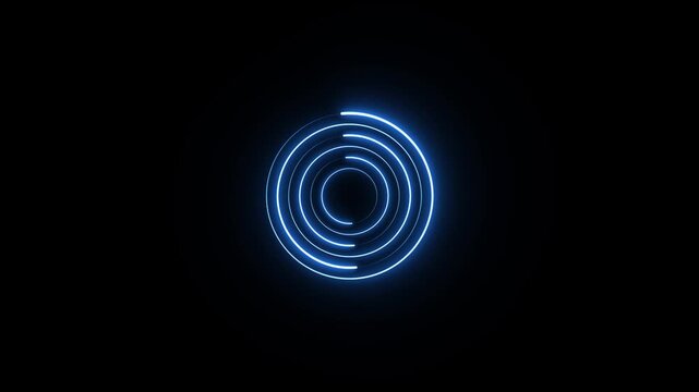 A central glowing neon blue circle composed of multiple concentric rings with a dark background, suggesting a technological or abstract energy pulse or data flow