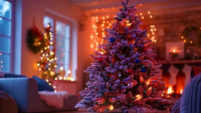 Cozy Christmas tree lights turning off or fading in decorated living room, winter holiday interior at night, cinematic transition or closing scene for Christmas and New Year video.
