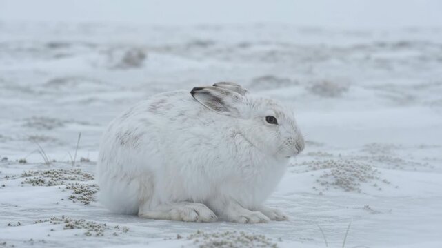 White Arctic Hare Sitting on Snowy Tundra Lowering Its Ears
