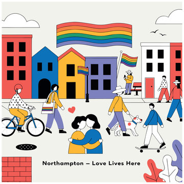 Northampton Love Lives Here: Vibrant Pride Community Illustration with Diverse People, Rainbow Flags, and Urban Landscape