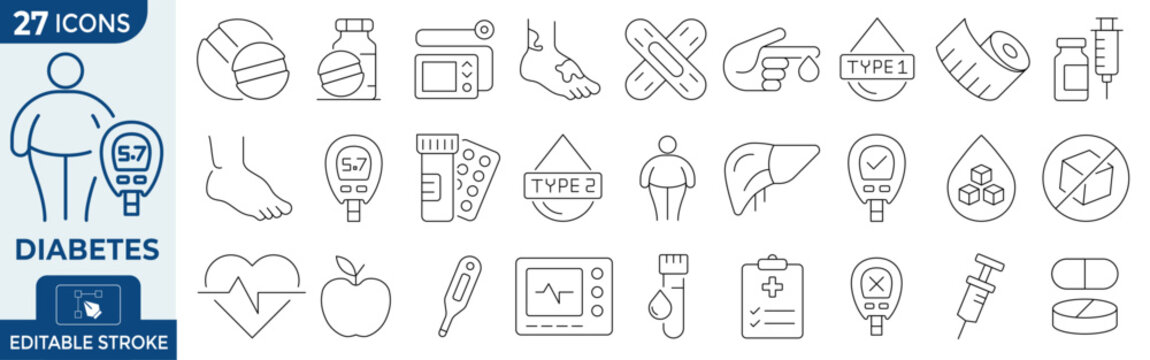 Diabetes line icon set with 27 medical symbols. Blood sugar monitoring and insulin treatment icons. Healthcare and obesity vector collection.