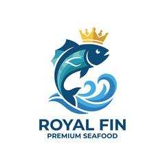 Obraz premium This logo represents Royal Fin, showcasing a regal fish crowned with a golden crown, symbolizing high quality and premium seafood offerings in a visually appealing way.