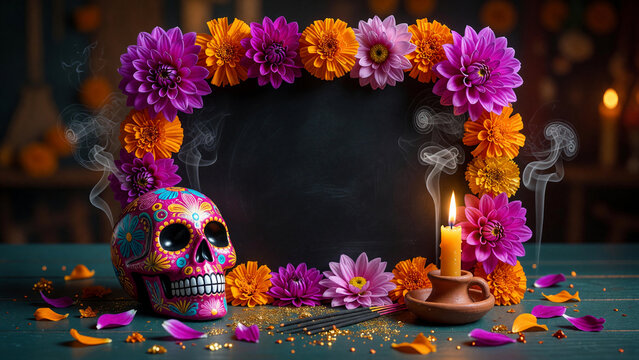 Sugar skull and candle by floral frame around empty chalkboard, Day of the Dead celebration and holiday mockup