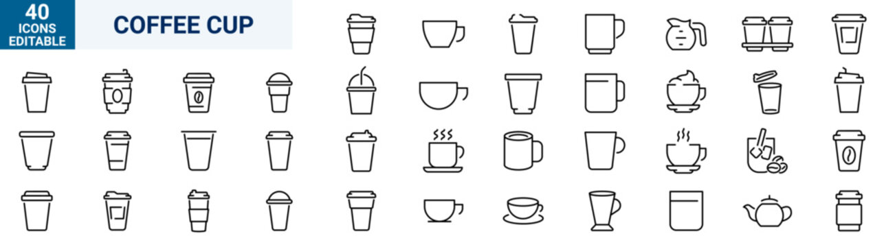 Set of 40 outline icons related to Coffee cup. Linear icon collection. Editable stroke. Vector illustration