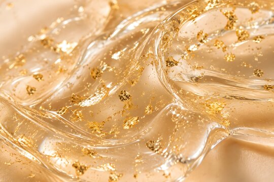 Extreme macro texture of luxury clear cosmetic gel with 24k gold flakes