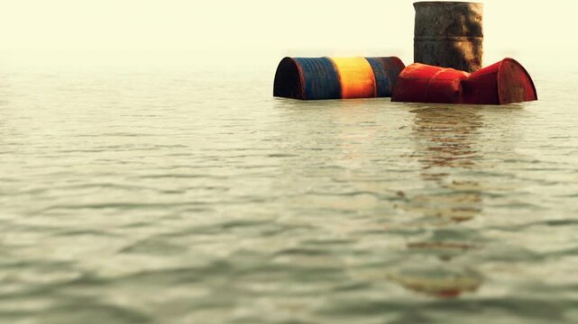 Red and blue barrels float in water close to a support pillar. The setting shows reflections on the water surface under a clear sky. It appears to be daytime.