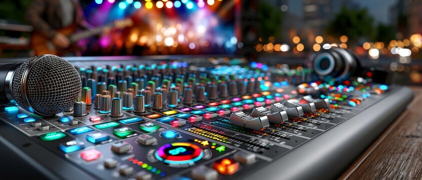 A close-up view of a professional audio mixing console with a microphone and headphones, set against a blurred concert background.