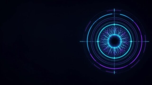 Biometric retinal eye scan interface with glowing circular cyan target and dark minimalist copy space on left for cyber security headline