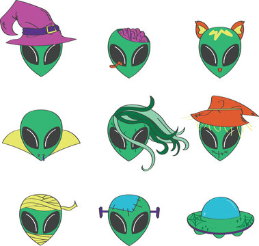 Set of Halloween Costumed Alien Heads Clipart - Cute and Spooky Extraterrestrial Icons