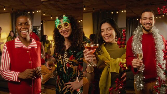 Portrait of multiethnic young adults toasting with drinks, celebrating holiday party in split screen collage. Ideal for festive marketing campaigns, New Year promotions, or holiday advertising 