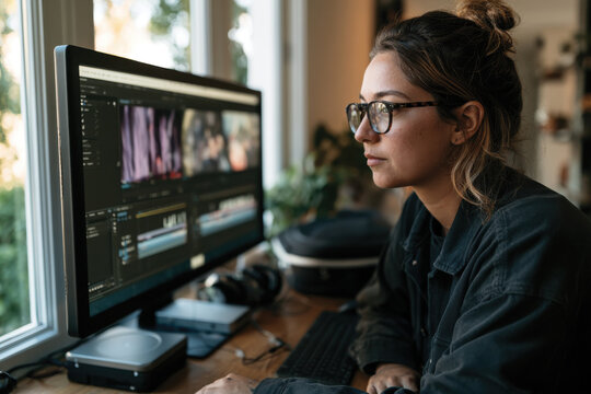 A focused young woman wearing glasses is engaged in digital video editing on her desktop computer, showcasing creativity and concentration in a well-lit environment.